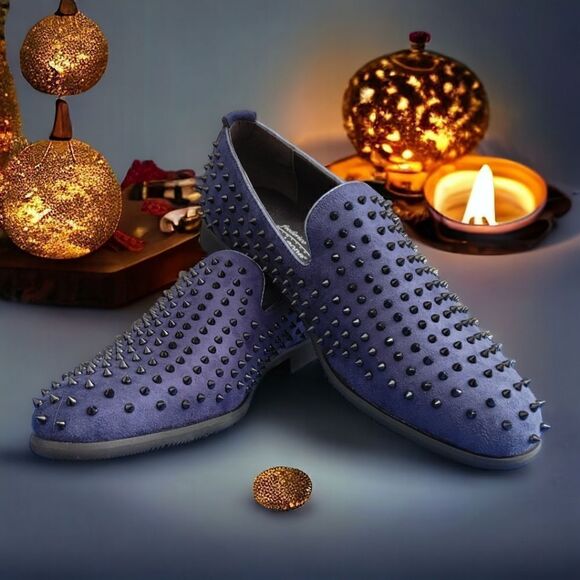 MEN'S FREDERICO LEONE BLUE/BLACK SPIKED FASHION SLIP ON DRESS SHOE. FS955. - Picture 1 of 8